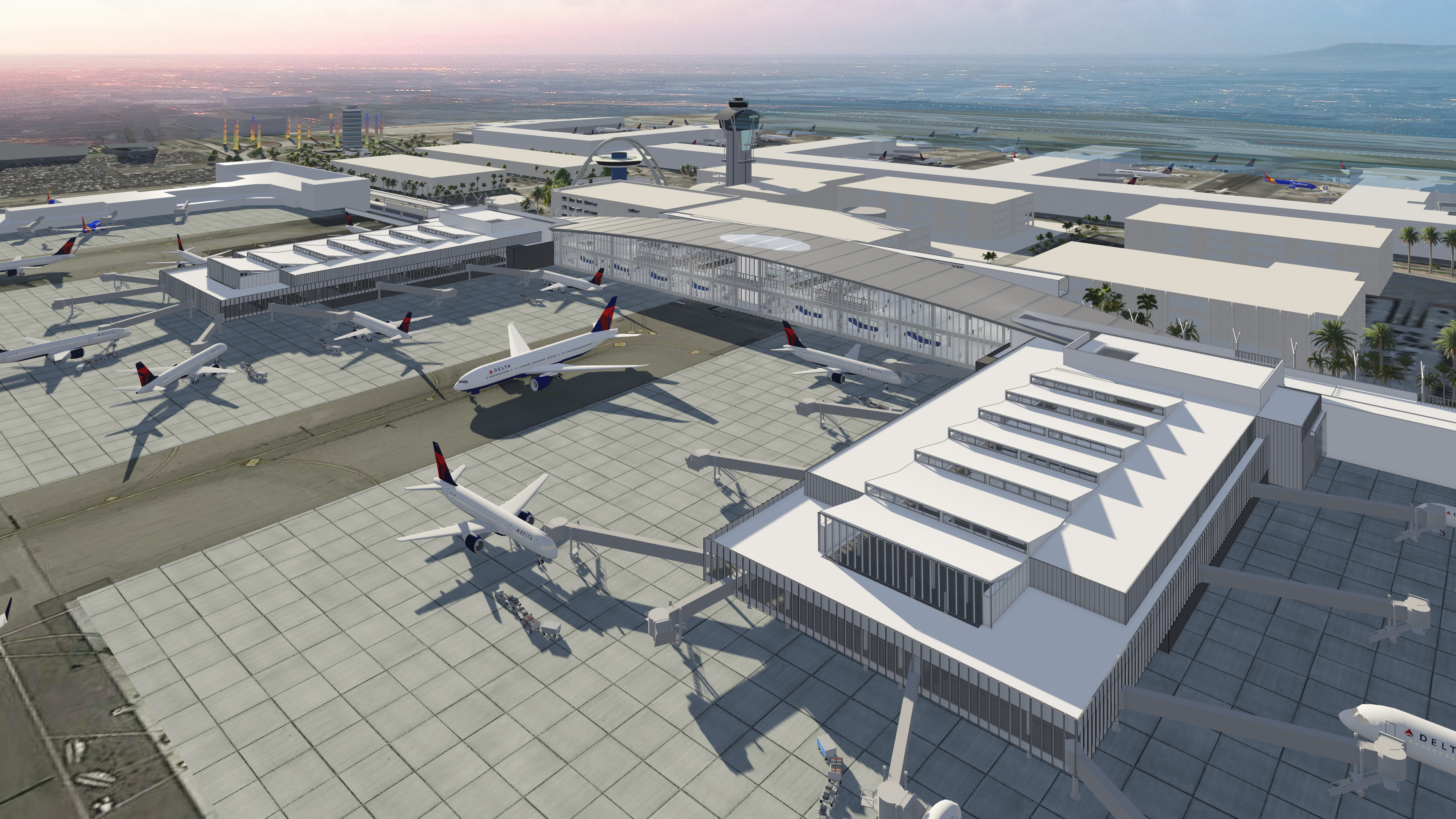 Large-scale commercial aviation facility — aerial architectural rendering